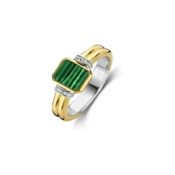 Bague Ti Sento En Argent Plaqué Or Jaune, Malachite Et Oxydes De Zirconium, Taille 54