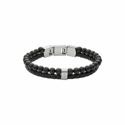 Bracelet FOSSIL Mens Vintage Casual En Cuir, Acier Et Agates Noires