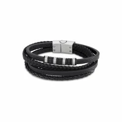 Bracelet Lotus Urban Man En Multi Rangs, Acier Et Cuir Noir